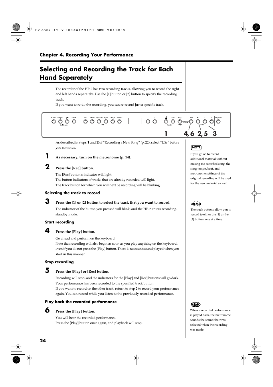 Selecting and recording the track for each, Hand separately” (p. 24)), To “selecting and recording | The track for each hand, Separately” (p. 24) | Roland HP-2 User Manual | Page 24 / 44