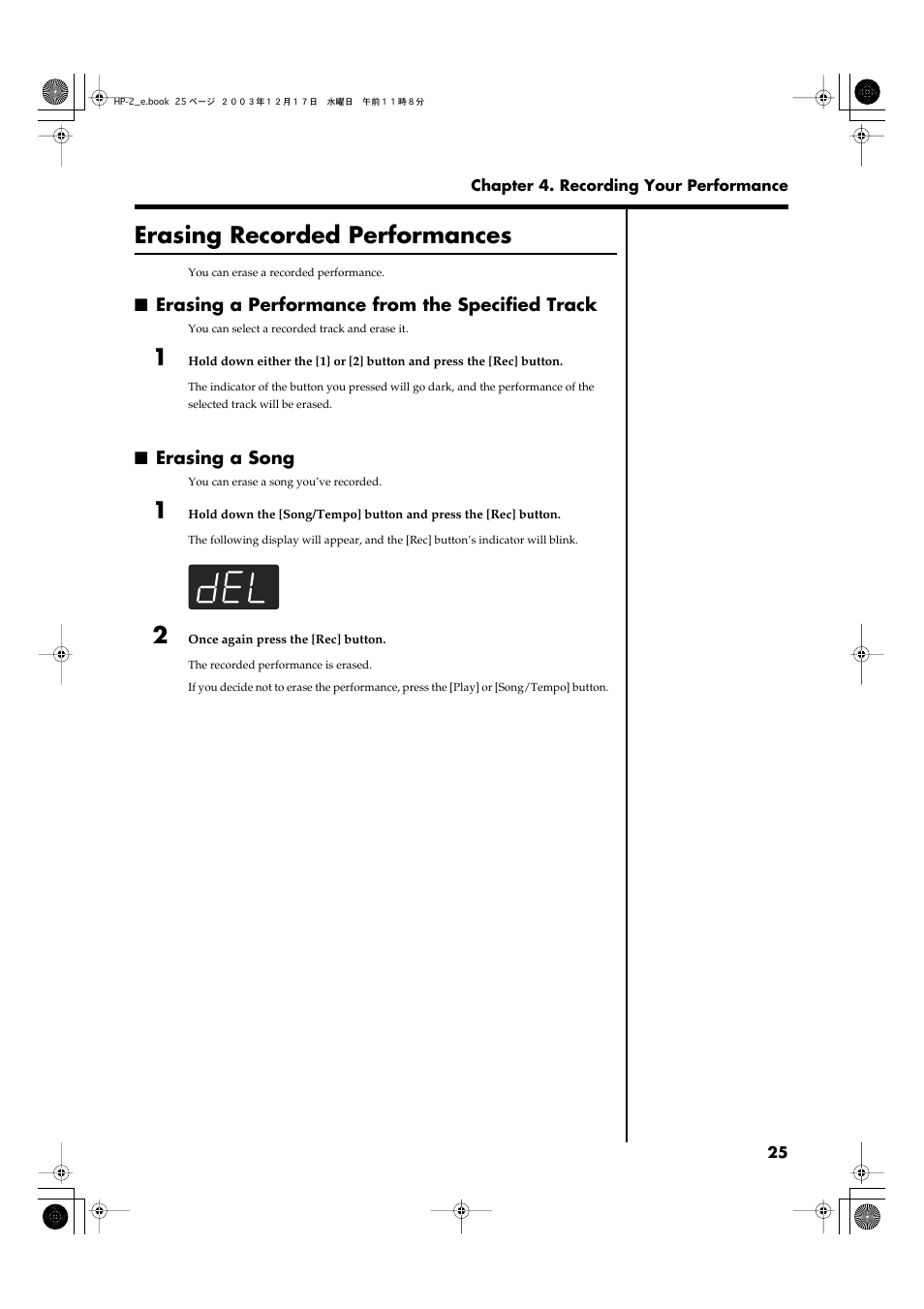 Erasing recorded performances, Erasing a performance from the specified track, Erasing a song | Roland HP-2 User Manual | Page 25 / 44