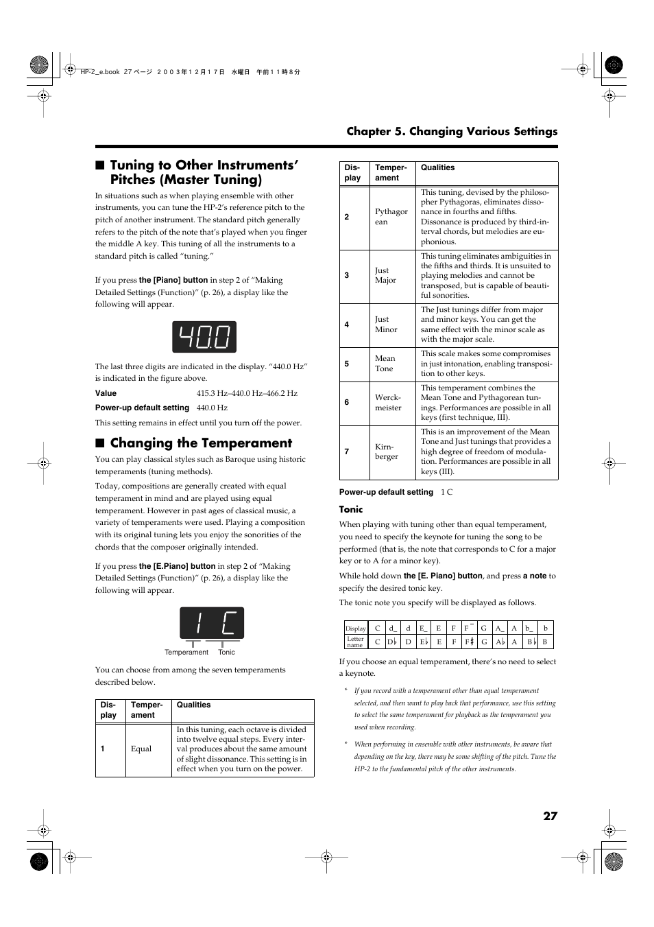 Changing the temperament, P. 27, 27 chapter 5. changing various settings | Roland HP-2 User Manual | Page 27 / 44