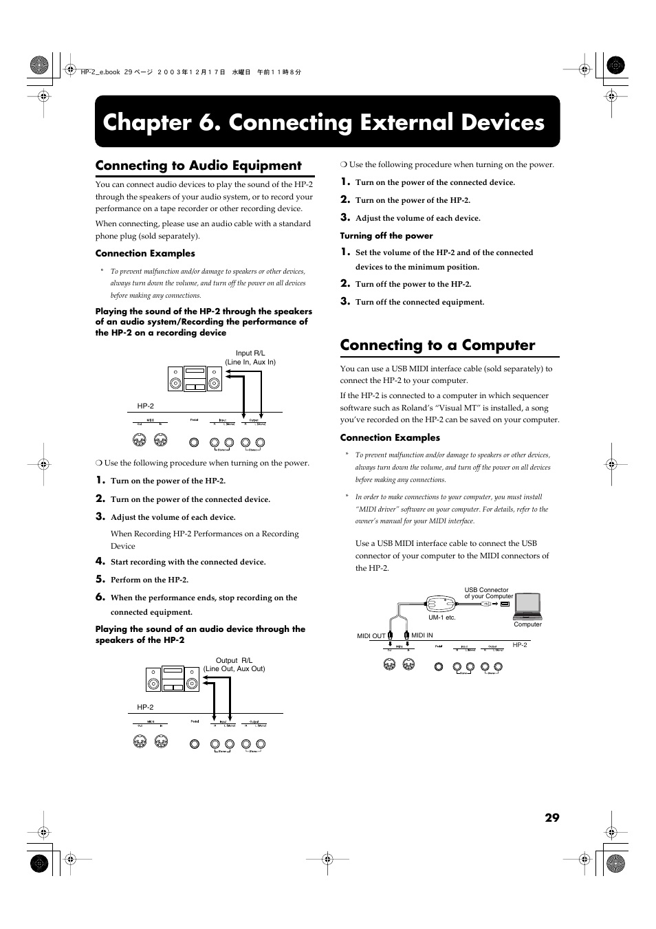 Chapter 6. connecting external devices, Connecting to audio equipment, Connecting to a computer | Be output from the hp-2’s speakers (p. 29), A performance (p. 29) | Roland HP-2 User Manual | Page 29 / 44