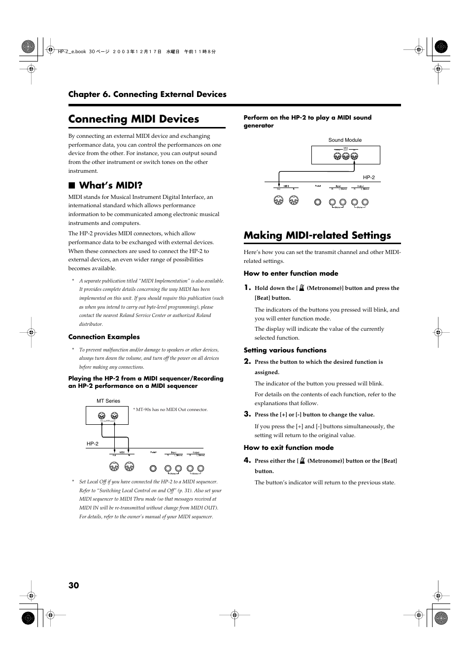 Connecting midi devices, What’s midi, Making midi-related settings | P. 30), 30 chapter 6. connecting external devices | Roland HP-2 User Manual | Page 30 / 44