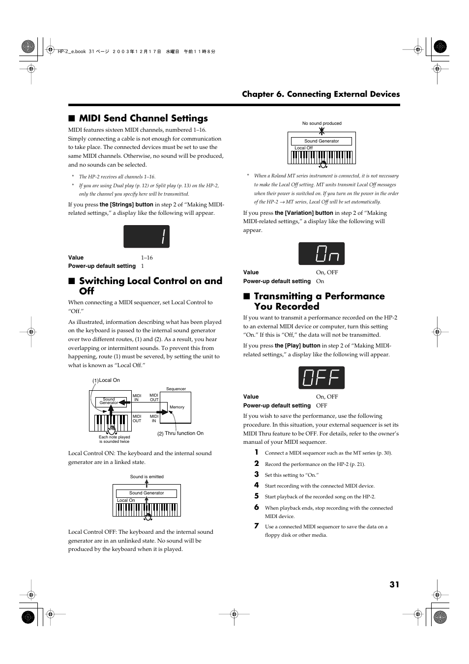 Midi send channel settings, Switching local control on and off, Transmitting a performance you recorded | P. 31, 31 chapter 6. connecting external devices | Roland HP-2 User Manual | Page 31 / 44