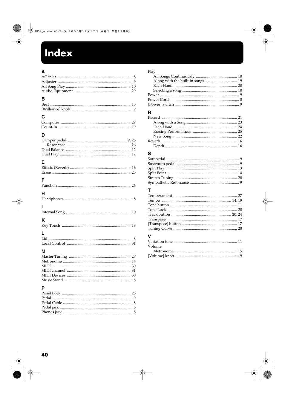 Index | Roland HP-2 User Manual | Page 40 / 44