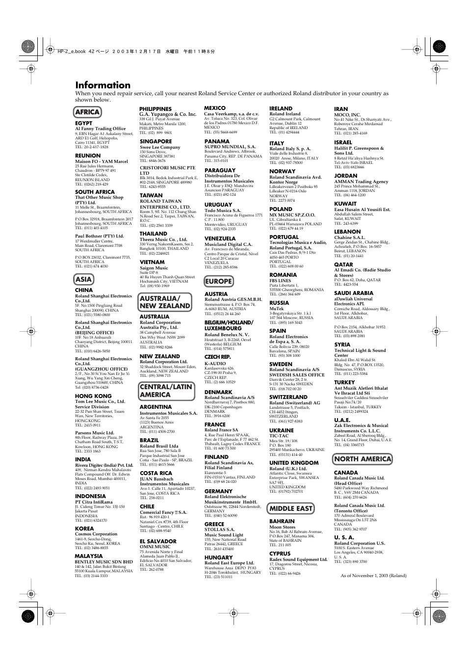 Information, Africa | Roland HP-2 User Manual | Page 42 / 44