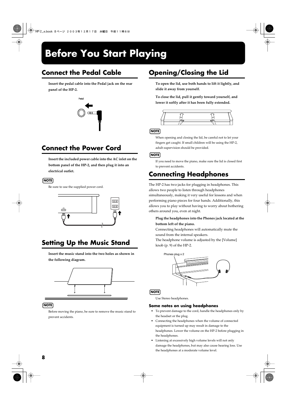 Before you start playing, Connect the pedal cable, Connect the power cord | Setting up the music stand, Opening/closing the lid, Connecting headphones, P. 8) | Roland HP-2 User Manual | Page 8 / 44