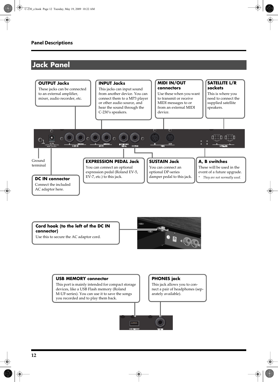 Jack panel | Roland Classic Keyboard C-230 User Manual | Page 12 / 48