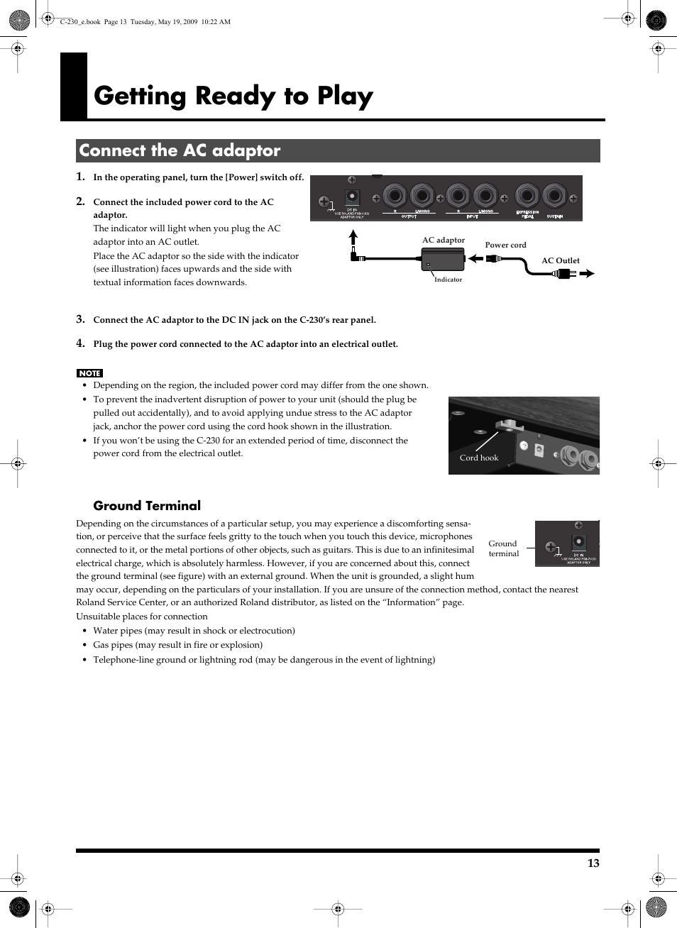 Getting ready to play, Connect the ac adaptor | Roland Classic Keyboard C-230 User Manual | Page 13 / 48