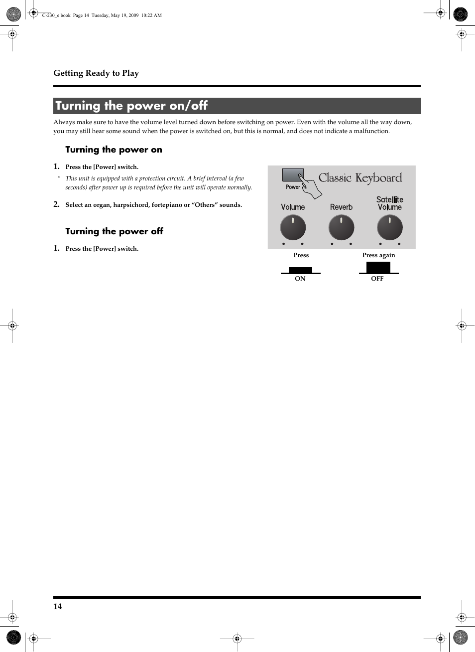 Turning the power on/off | Roland Classic Keyboard C-230 User Manual | Page 14 / 48