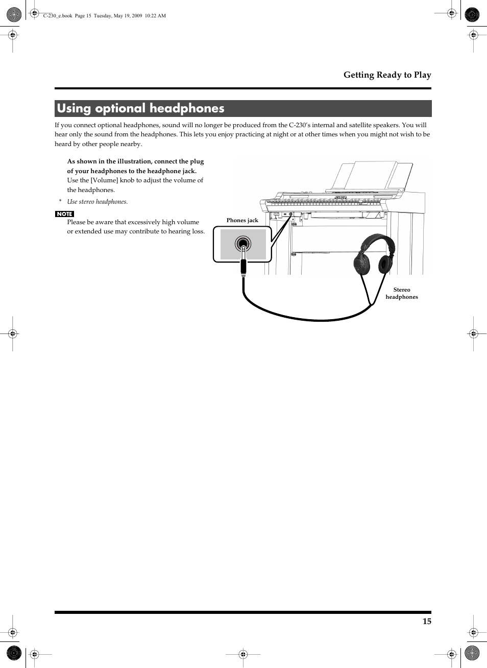 Using optional headphones | Roland Classic Keyboard C-230 User Manual | Page 15 / 48