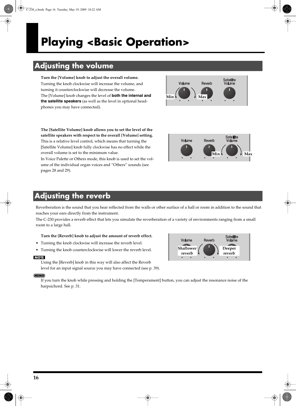 Playing <basic operation, Adjusting the volume, Adjusting the reverb | Adjusting the volume adjusting the reverb | Roland Classic Keyboard C-230 User Manual | Page 16 / 48