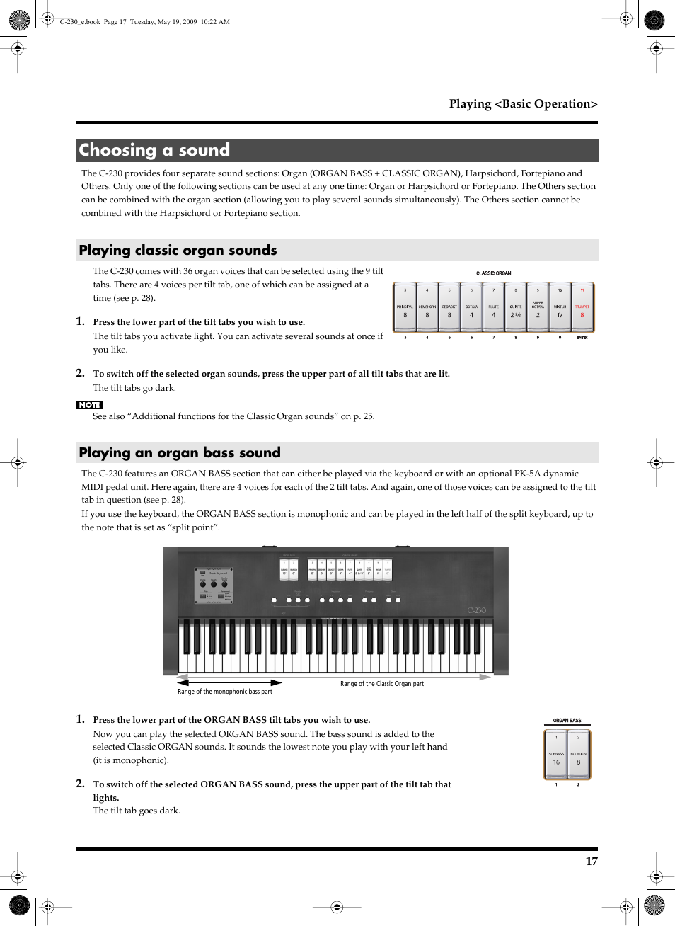 Choosing a sound, Playing classic organ sounds, Playing an organ bass sound | Roland Classic Keyboard C-230 User Manual | Page 17 / 48