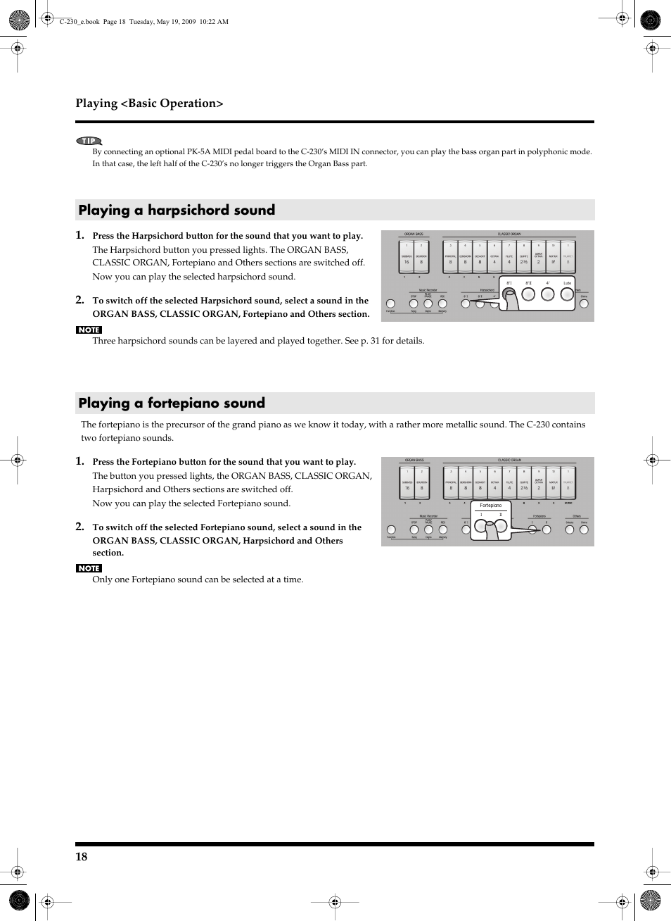 Playing a harpsichord sound, Playing a fortepiano sound, 18 playing <basic operation | Roland Classic Keyboard C-230 User Manual | Page 18 / 48