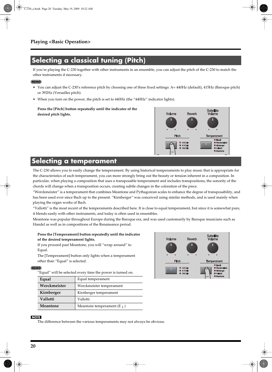 Selecting a classical tuning (pitch), Selecting a temperament | Roland Classic Keyboard C-230 User Manual | Page 20 / 48
