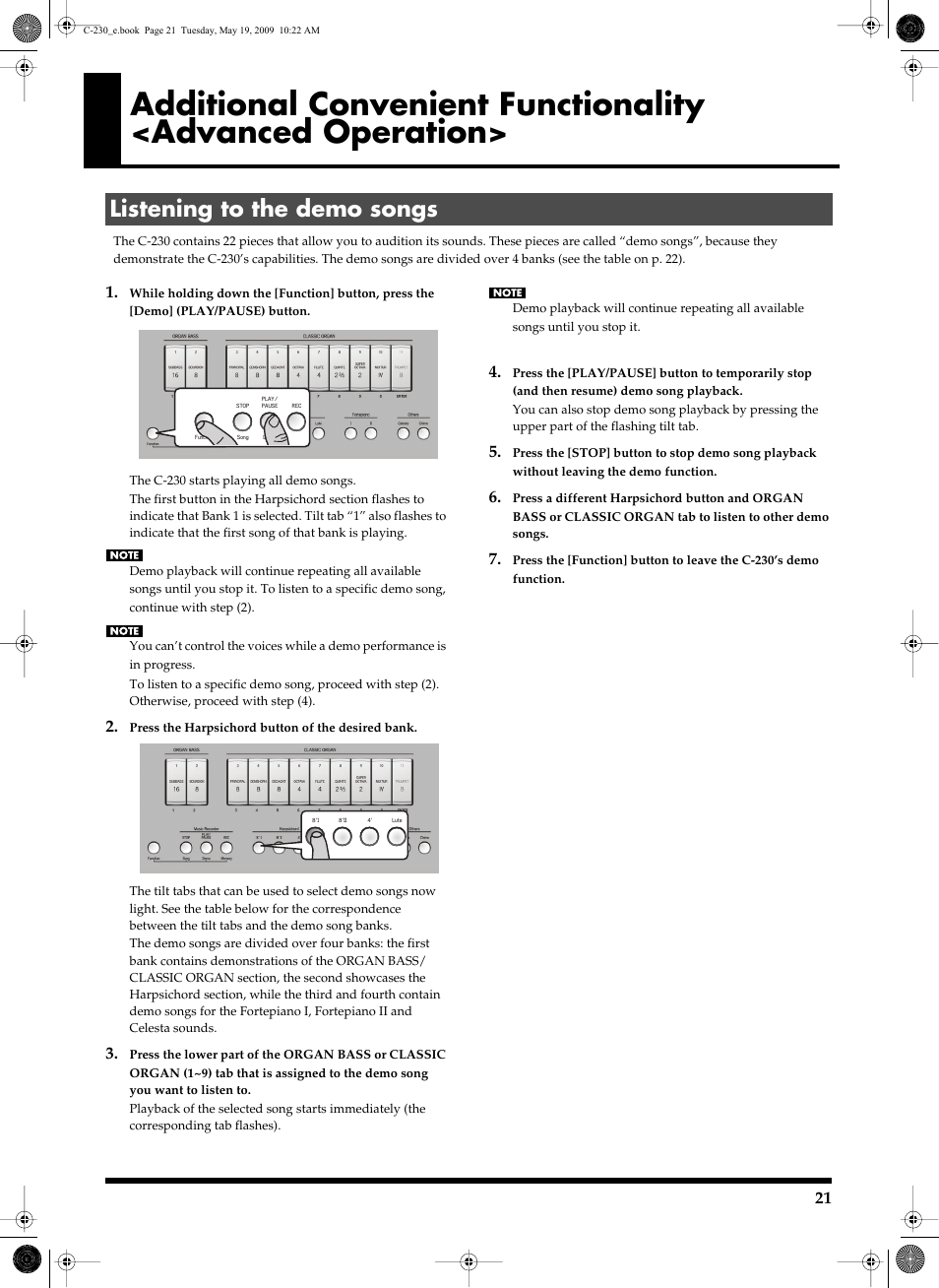 Listening to the demo songs | Roland Classic Keyboard C-230 User Manual | Page 21 / 48