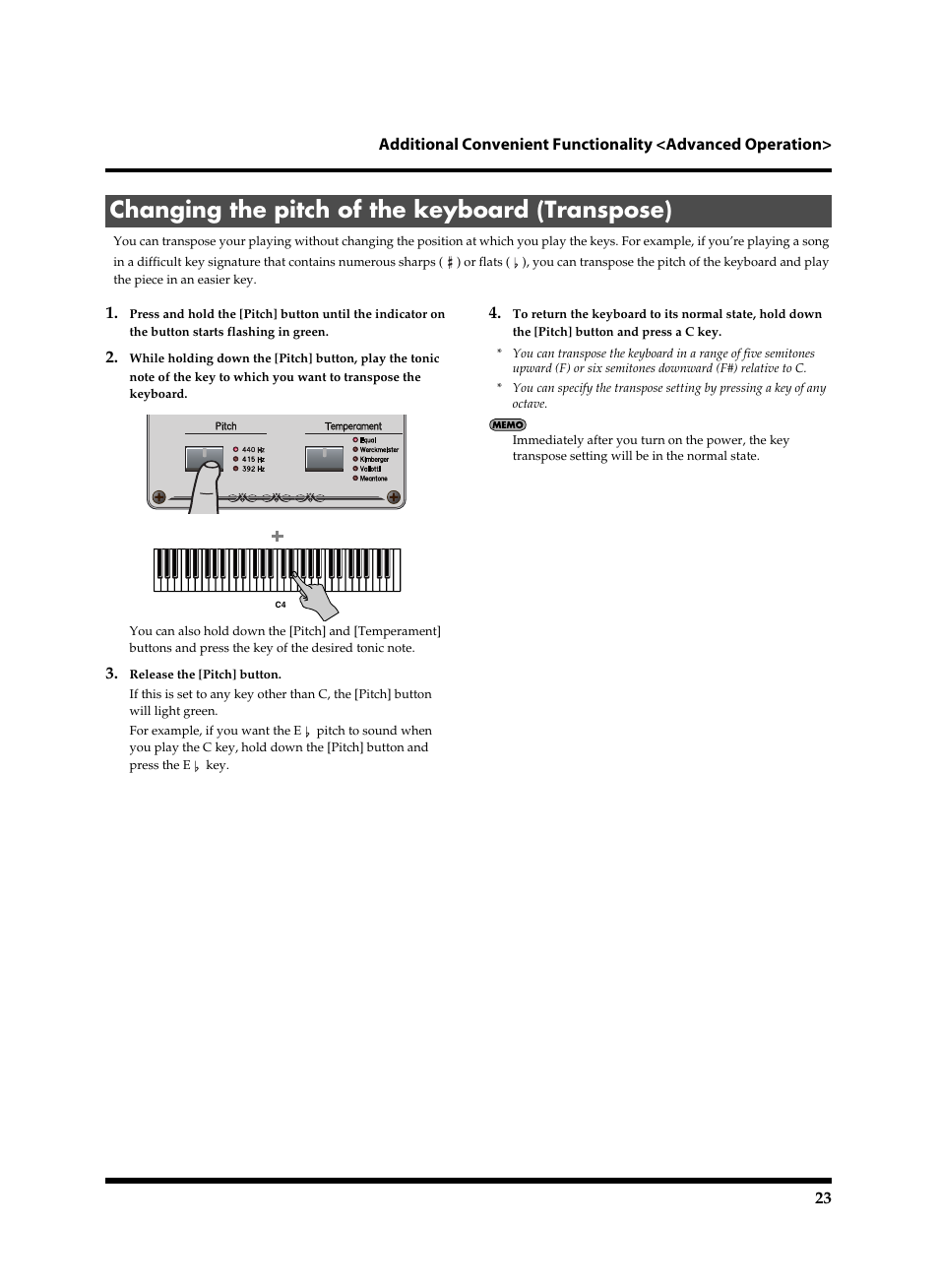 Changing the pitch of the keyboard (transpose) | Roland Classic Keyboard C-230 User Manual | Page 23 / 48