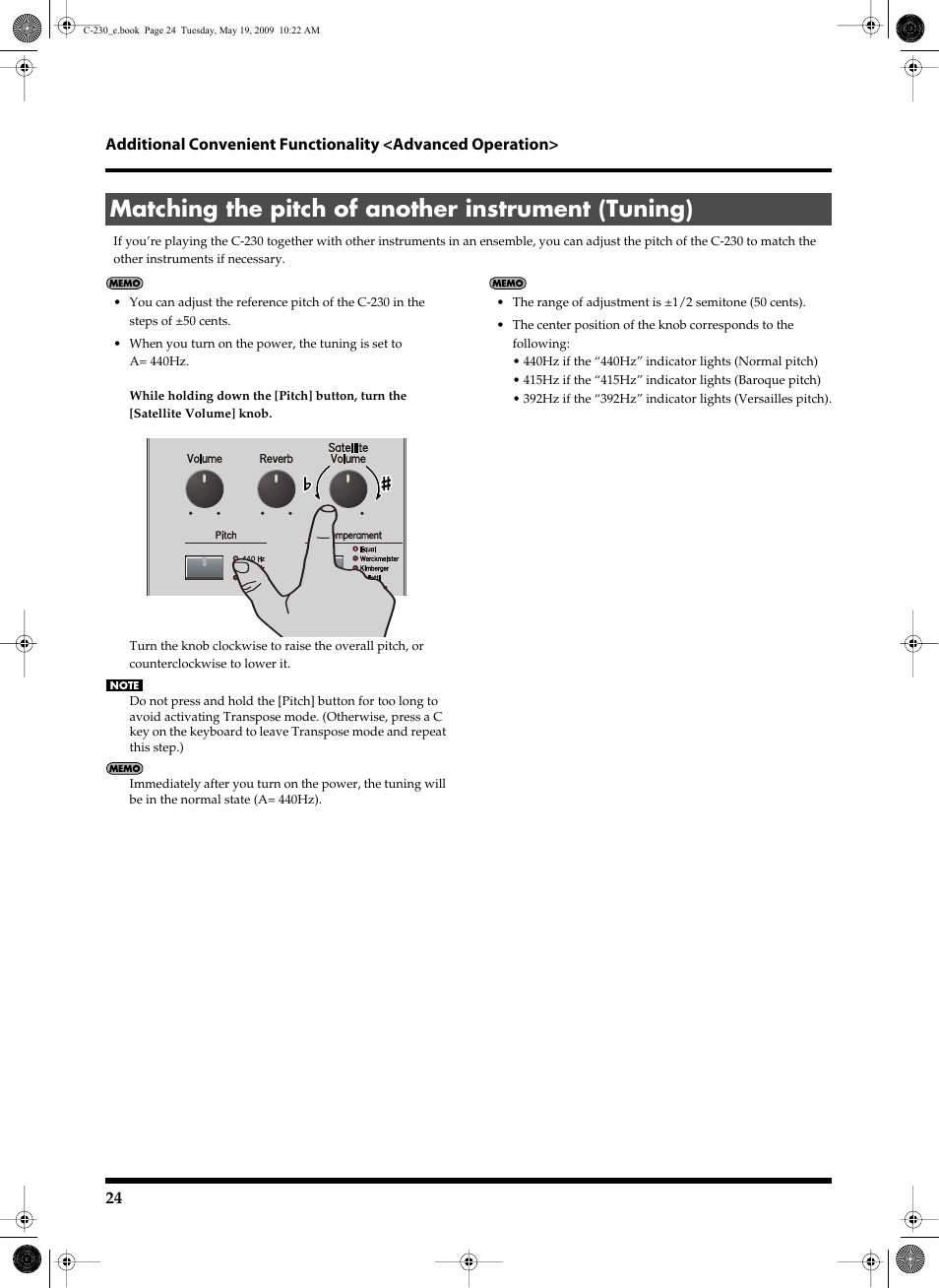 Matching the pitch of another instrument (tuning) | Roland Classic Keyboard C-230 User Manual | Page 24 / 48