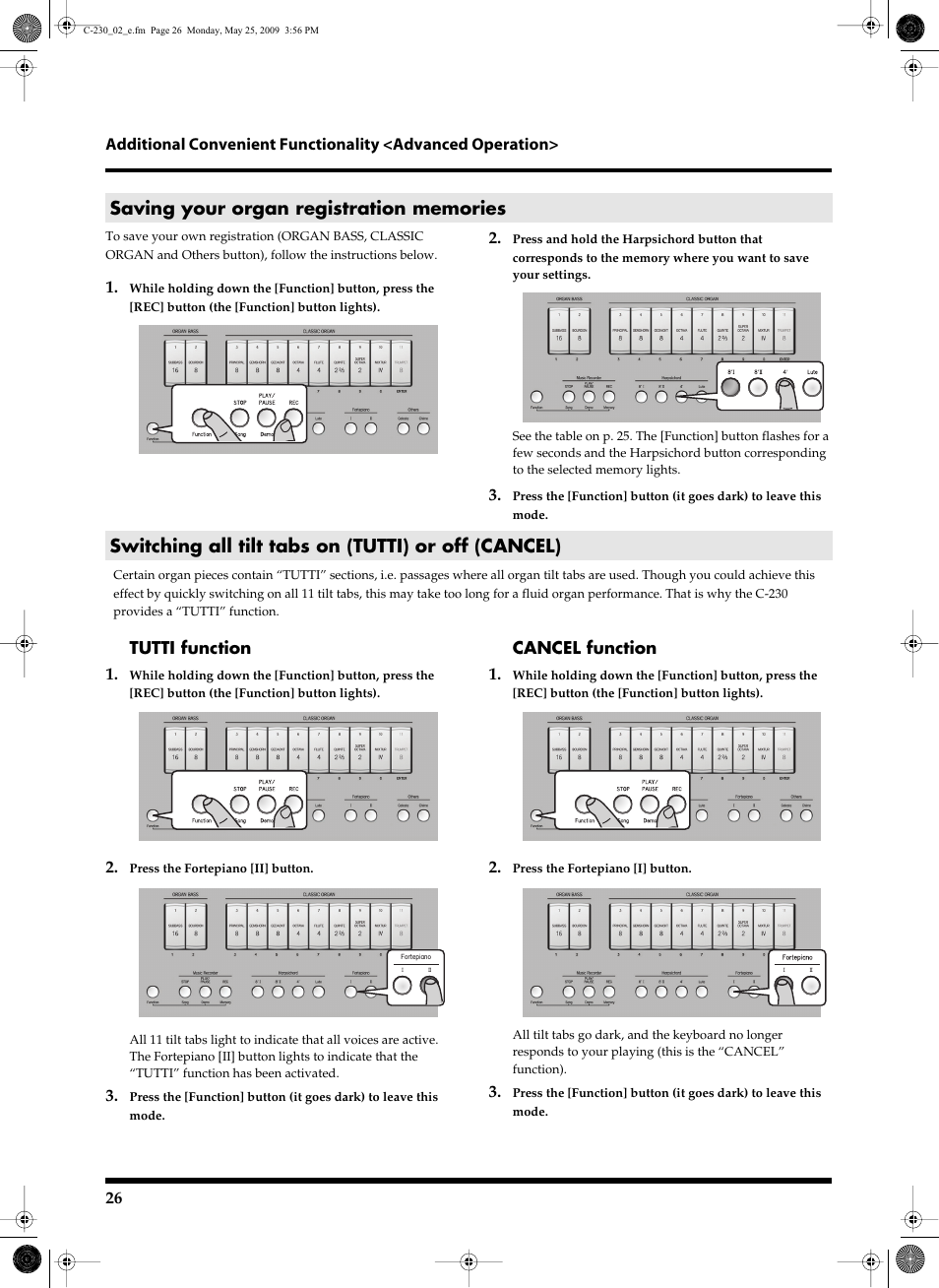 Switching all tilt tabs on (tutti) or off (cancel) | Roland Classic Keyboard C-230 User Manual | Page 26 / 48