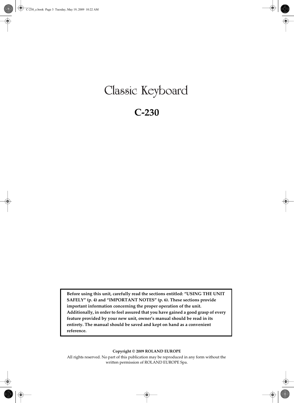 C-230 | Roland Classic Keyboard C-230 User Manual | Page 3 / 48