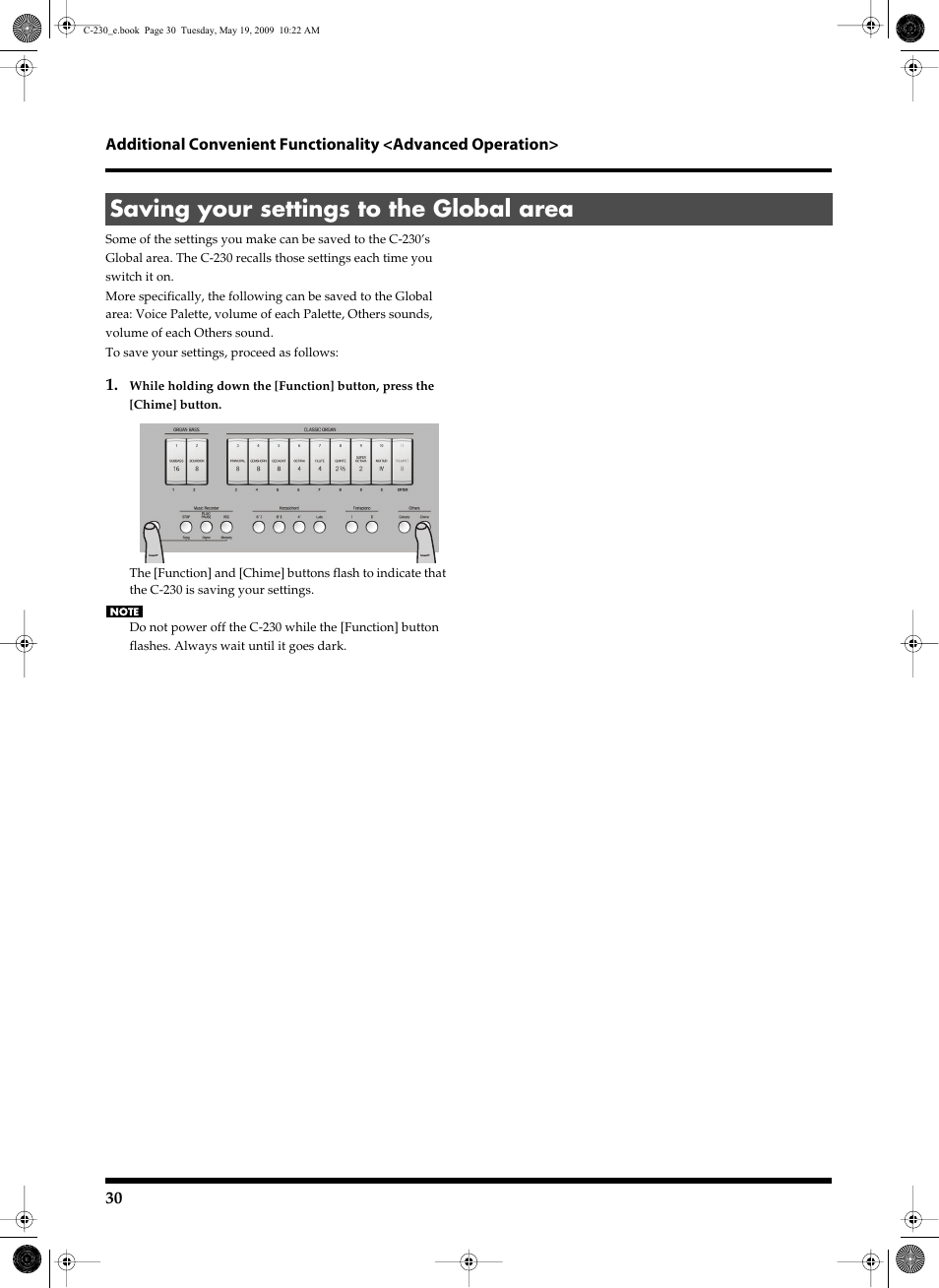 Saving your settings to the global area, In the c-230’s global area (see p. 30), Be stored in the global area (see p. 30) | Roland Classic Keyboard C-230 User Manual | Page 30 / 48