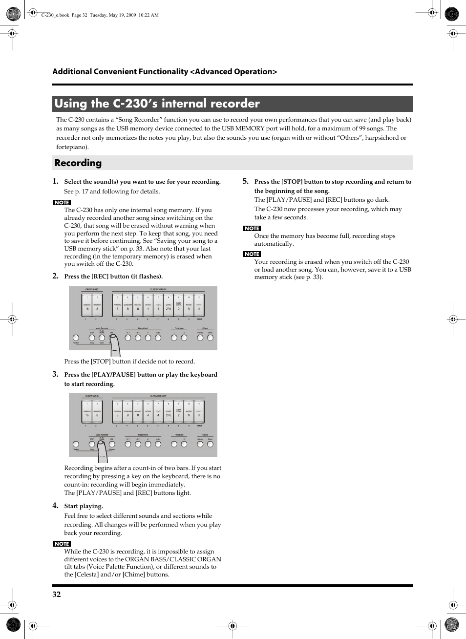 Using the c230’s internal recorder, Recording, Using the c-230’s internal recorder | Roland Classic Keyboard C-230 User Manual | Page 32 / 48