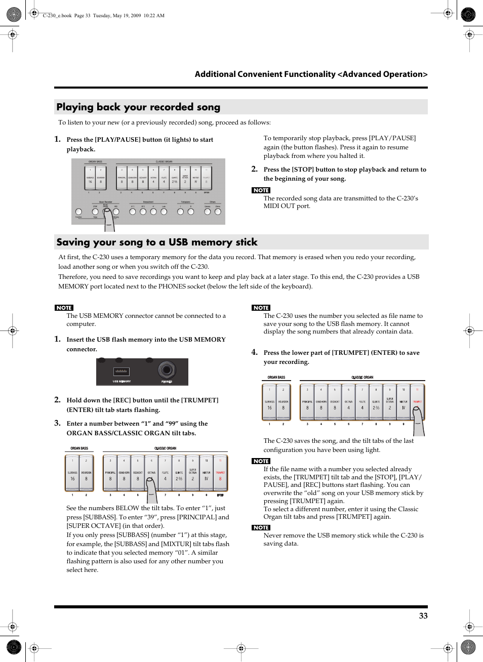 Playing back your recorded song, Saving your song to a usb memory stick | Roland Classic Keyboard C-230 User Manual | Page 33 / 48