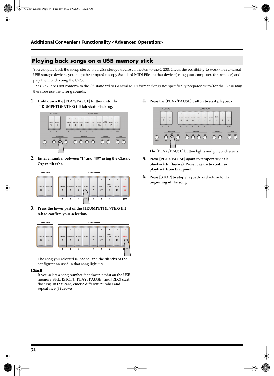 Playing back songs on a usb memory stick | Roland Classic Keyboard C-230 User Manual | Page 34 / 48