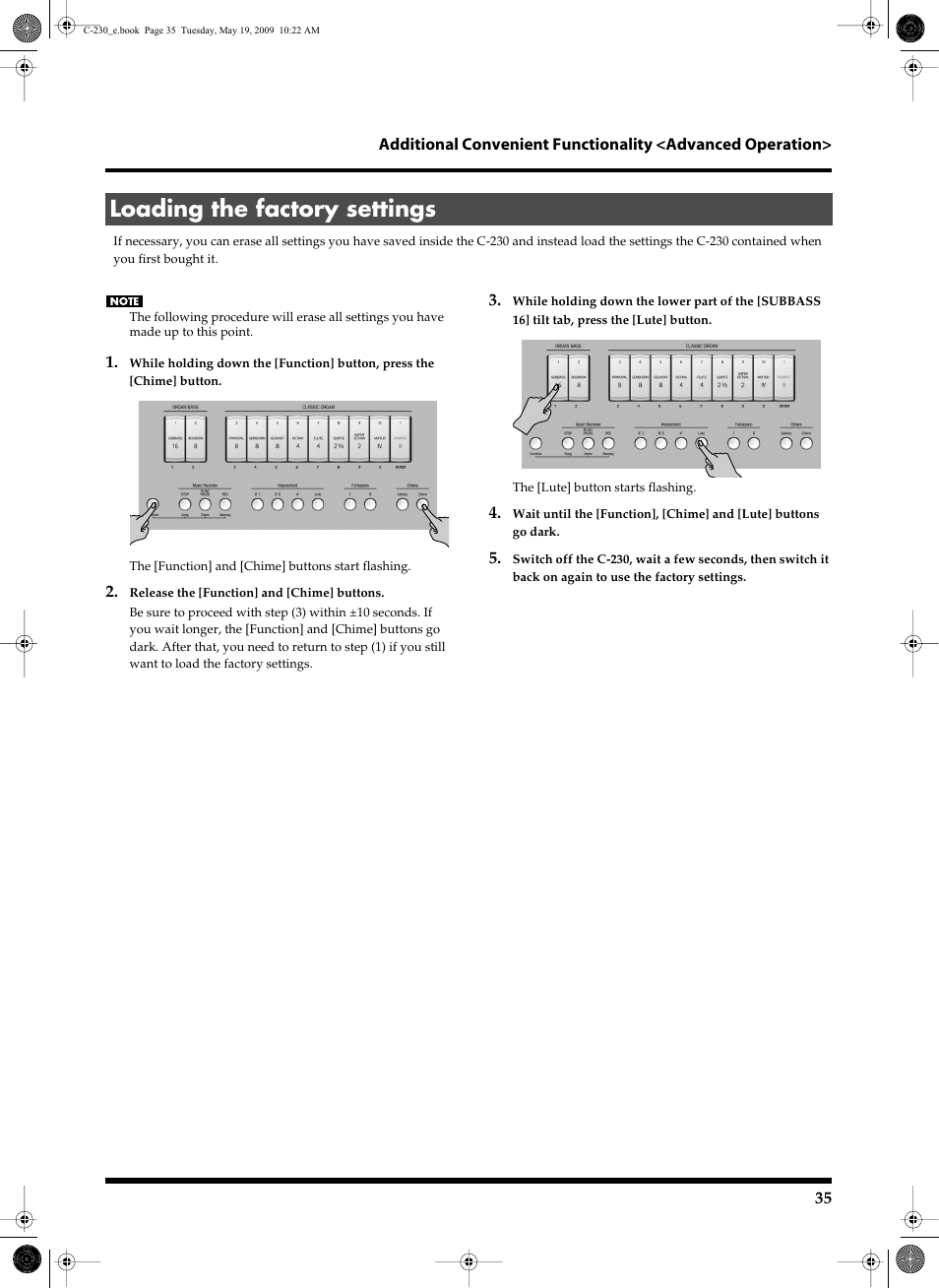 Loading the factory settings | Roland Classic Keyboard C-230 User Manual | Page 35 / 48