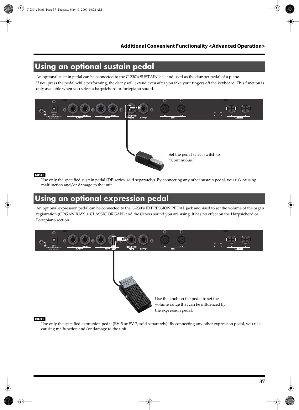 Using an optional sustain pedal, Using an optional expression pedal | Roland Classic Keyboard C-230 User Manual | Page 37 / 48