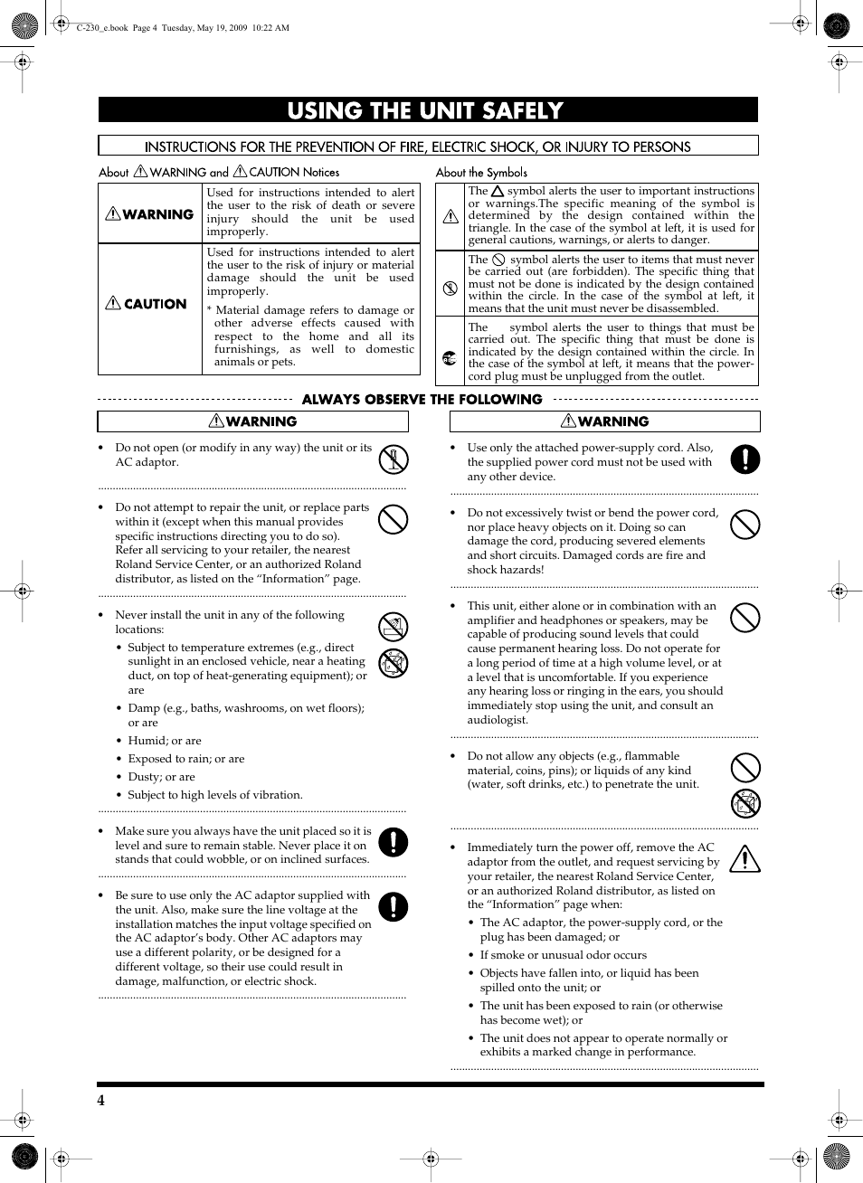 Using the unit safely | Roland Classic Keyboard C-230 User Manual | Page 4 / 48