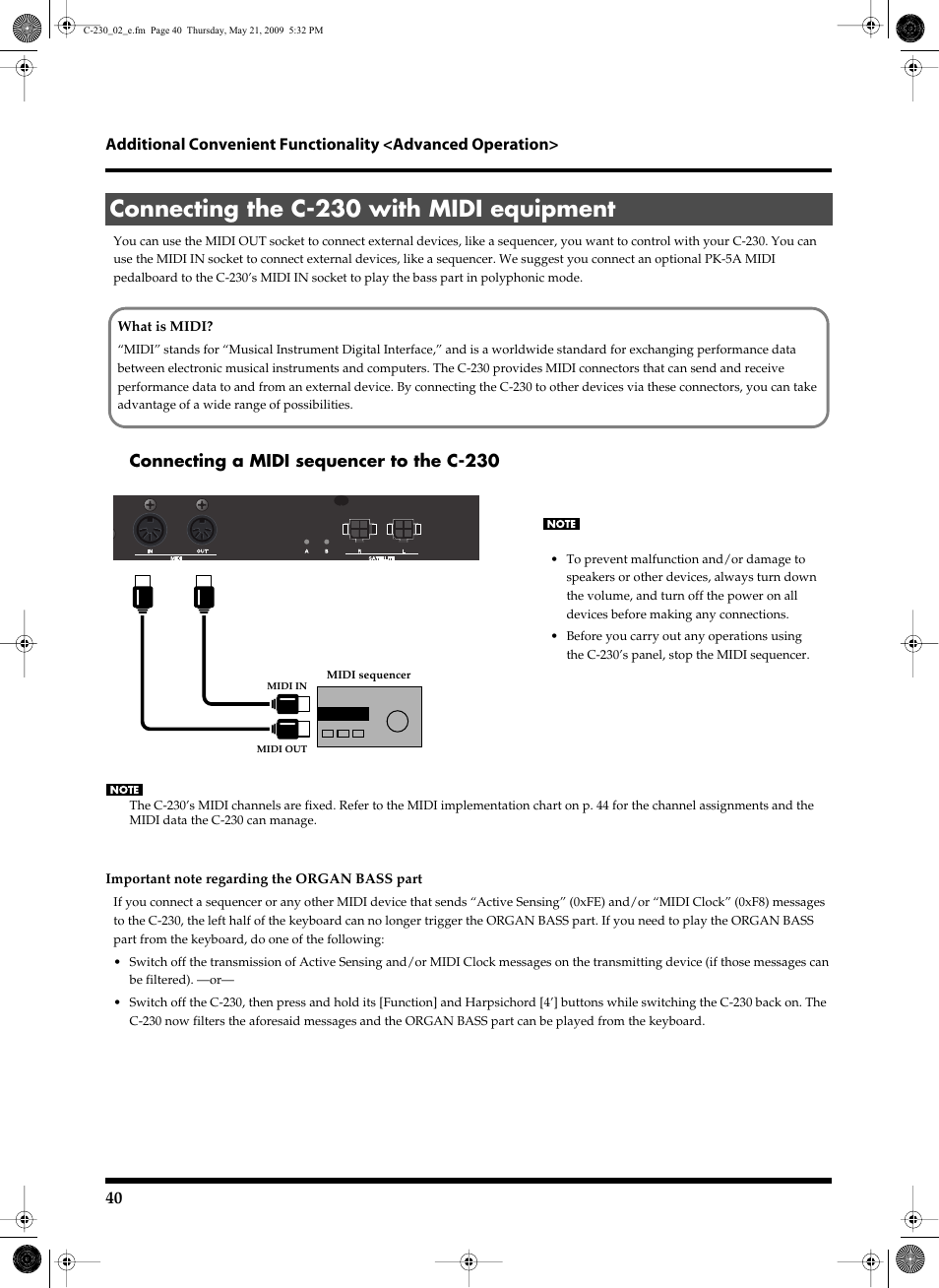 Connecting the c230 with midi equipment, Connecting the c-230 with midi equipment | Roland Classic Keyboard C-230 User Manual | Page 40 / 48