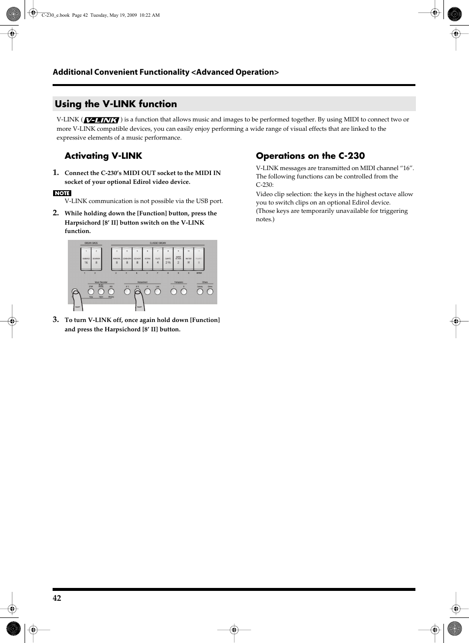 Using the v-link function | Roland Classic Keyboard C-230 User Manual | Page 42 / 48