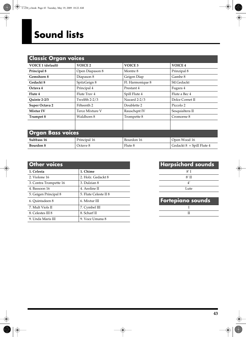 Sound lists, Classic organ voices, Organ bass voices | Other voices harpsichord sounds, Fortepiano sounds | Roland Classic Keyboard C-230 User Manual | Page 43 / 48