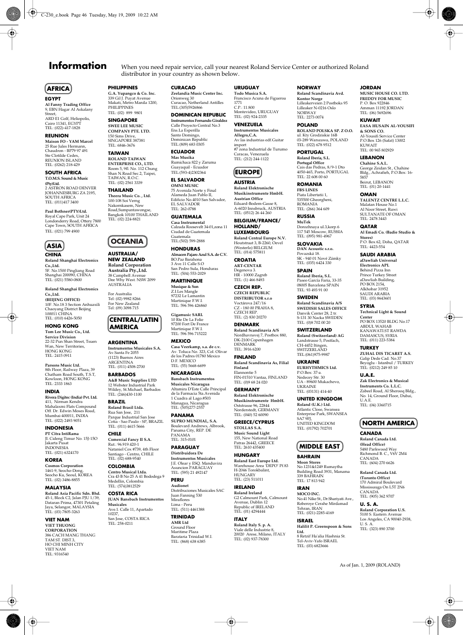 Information, Oceania | Roland Classic Keyboard C-230 User Manual | Page 46 / 48