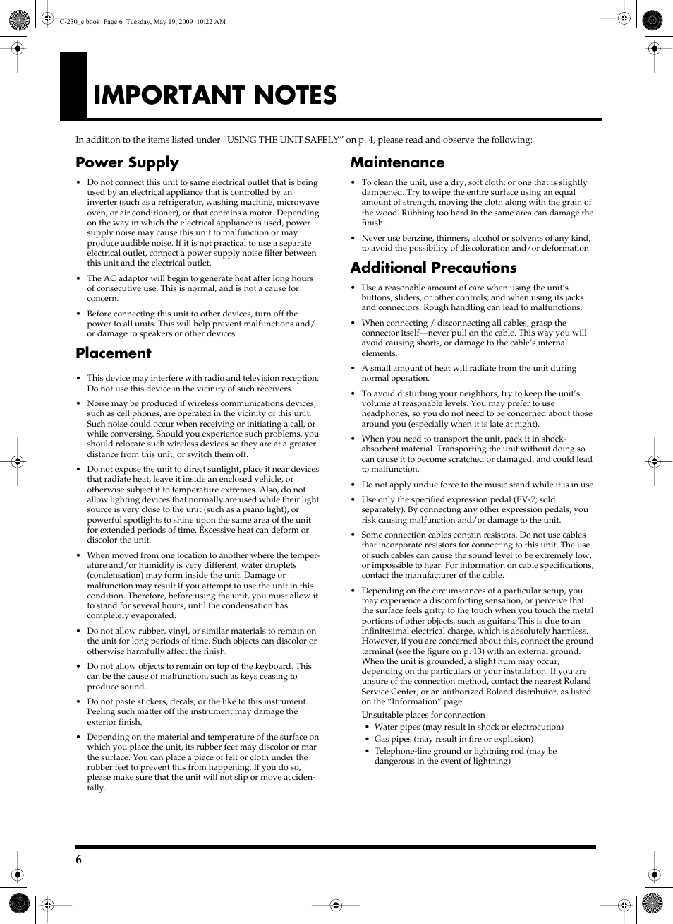 Important notes, Power supply, Placement | Maintenance, Additional precautions | Roland Classic Keyboard C-230 User Manual | Page 6 / 48