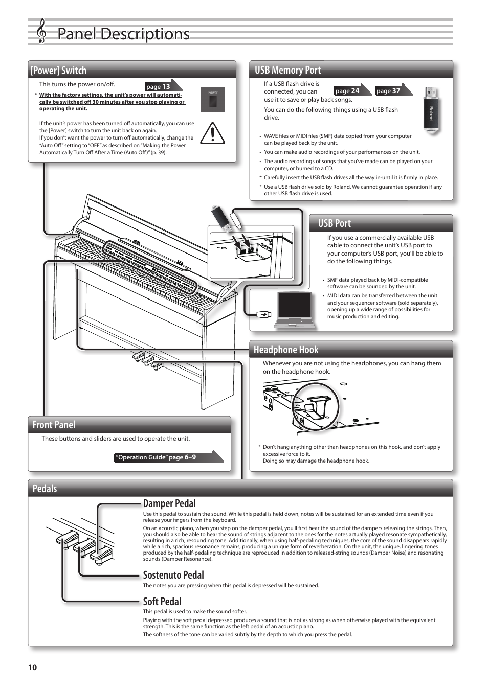 Panel descriptions, Damper pedal, Sostenuto pedal | Soft pedal, Pedals headphone hook, Front panel, Usb port, Power] switch | Roland DP90 User Manual | Page 10 / 64
