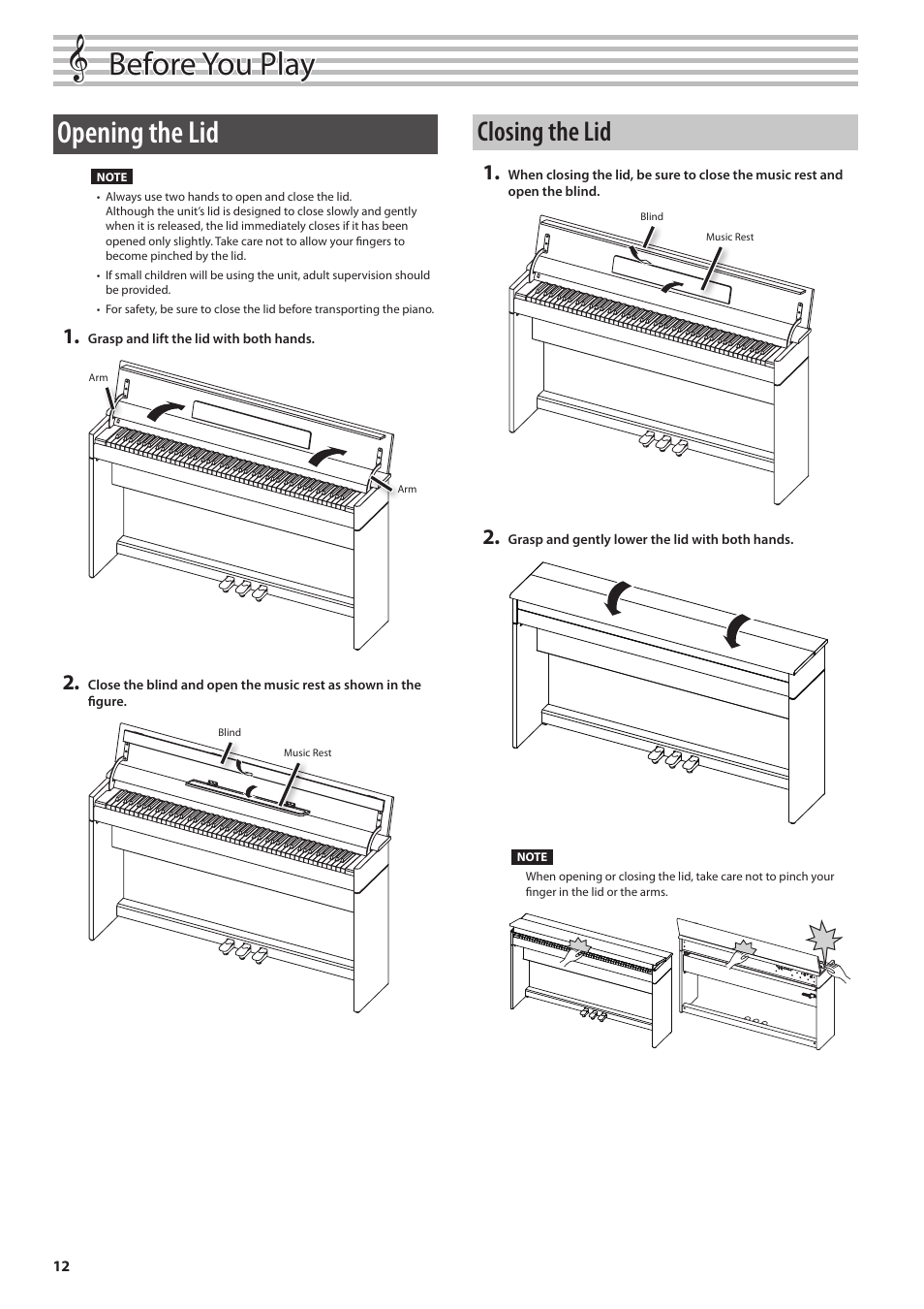 Before you play, Opening the lid, Closing the lid | Roland DP90 User Manual | Page 12 / 64