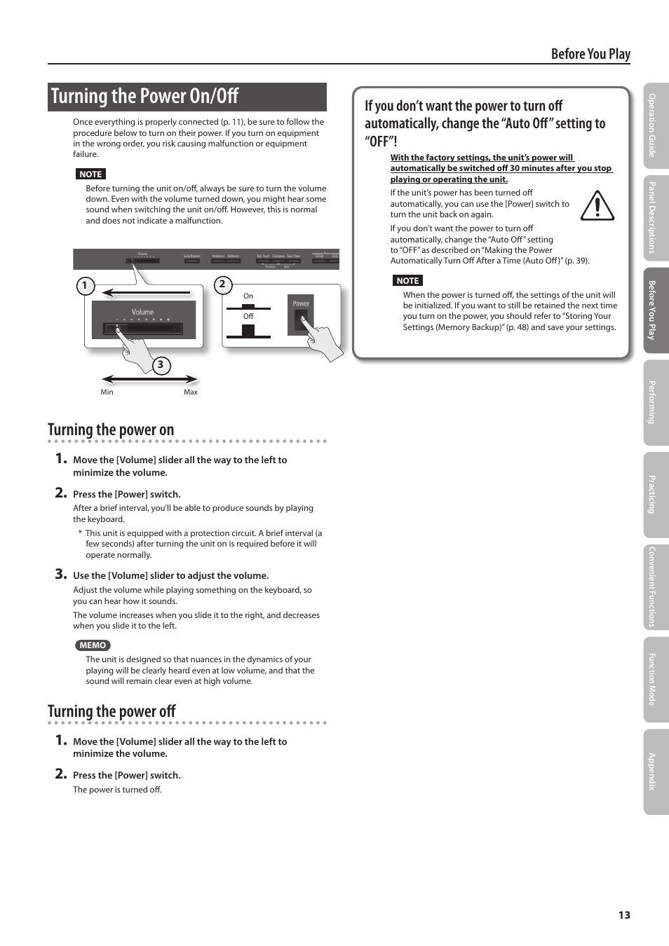 Turning the power on/off, Turning the power on, Turning the power off | Before you play | Roland DP90 User Manual | Page 13 / 64