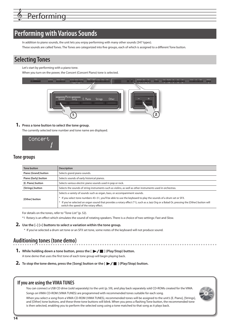 Performing, Performing with various sounds, Selecting tones | Auditioning tones (tone demo), Tone groups, If you are using the vima tunes | Roland DP90 User Manual | Page 14 / 64