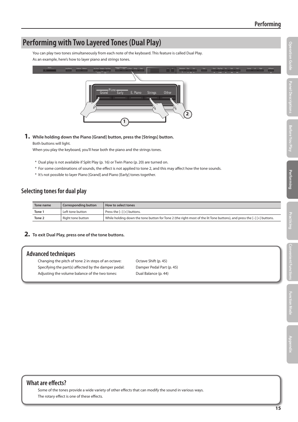 Performing with two layered tones (dual play), Performing, Selecting tones for dual play | Advanced techniques, What are effects | Roland DP90 User Manual | Page 15 / 64