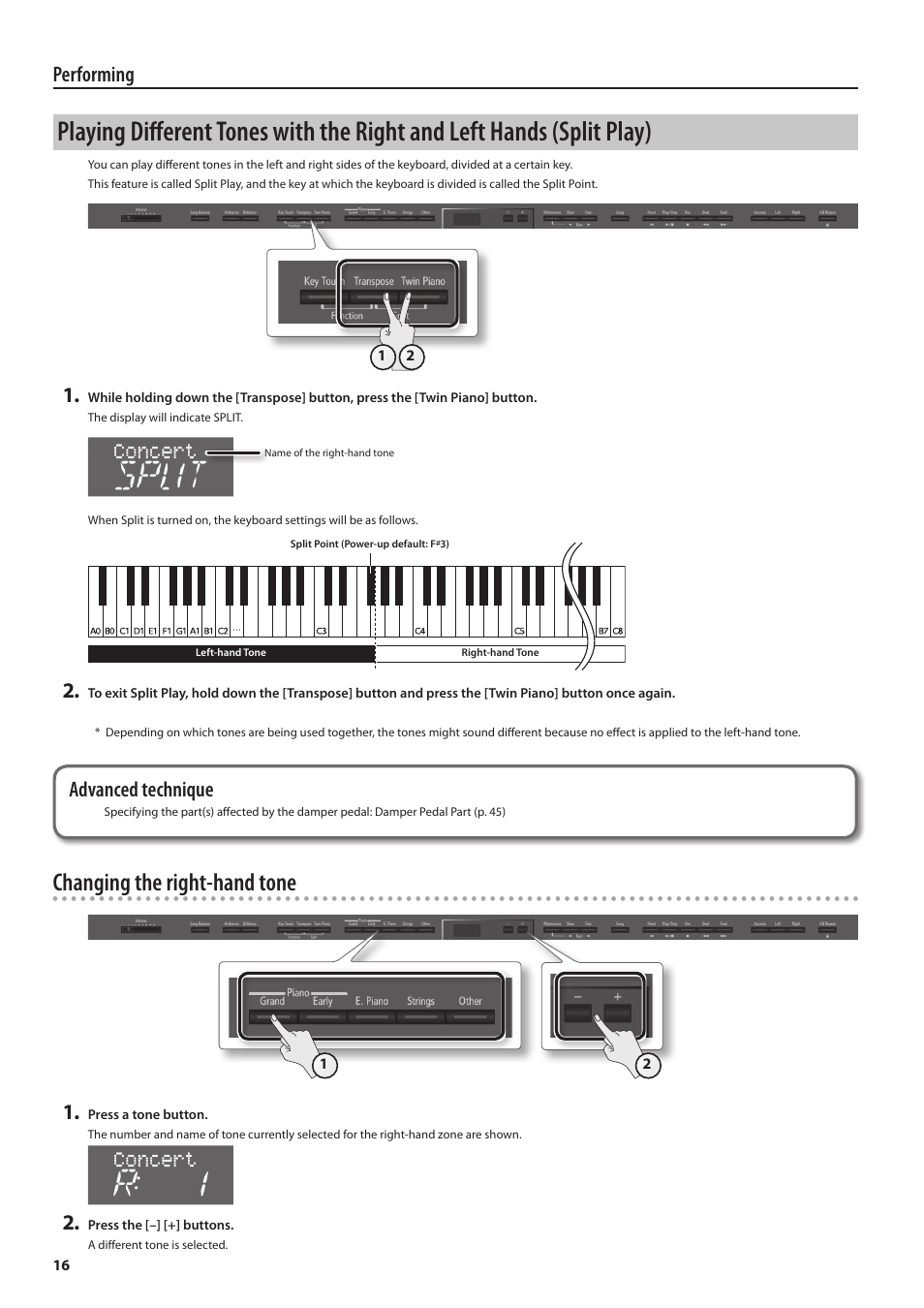 Y (p. 16) or, Changing the right-hand tone, Performing | Advanced technique | Roland DP90 User Manual | Page 16 / 64