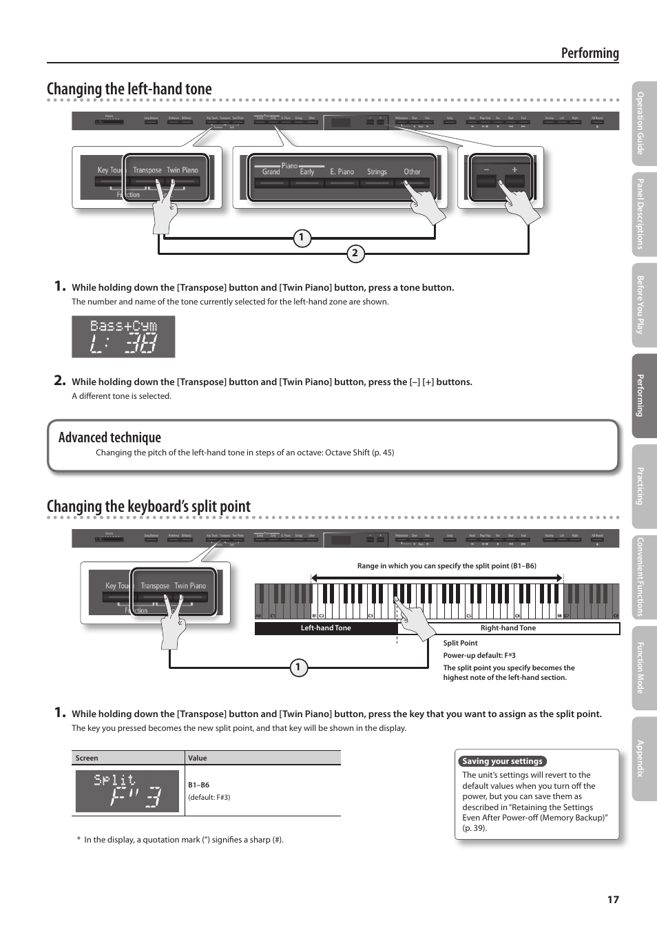 Changing the left-hand tone, Changing the keyboard’s split point, Performing | Advanced technique | Roland DP90 User Manual | Page 17 / 64