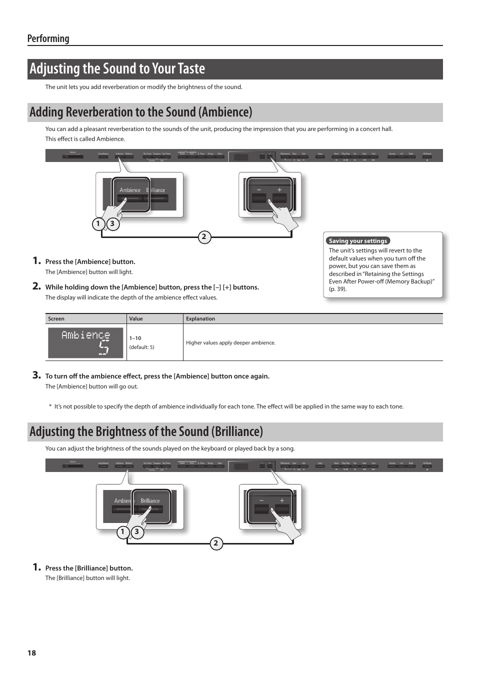 Adjusting the sound to your taste, Adding reverberation to the sound (ambience), Adjusting the brightness of the sound (brilliance) | Performing | Roland DP90 User Manual | Page 18 / 64