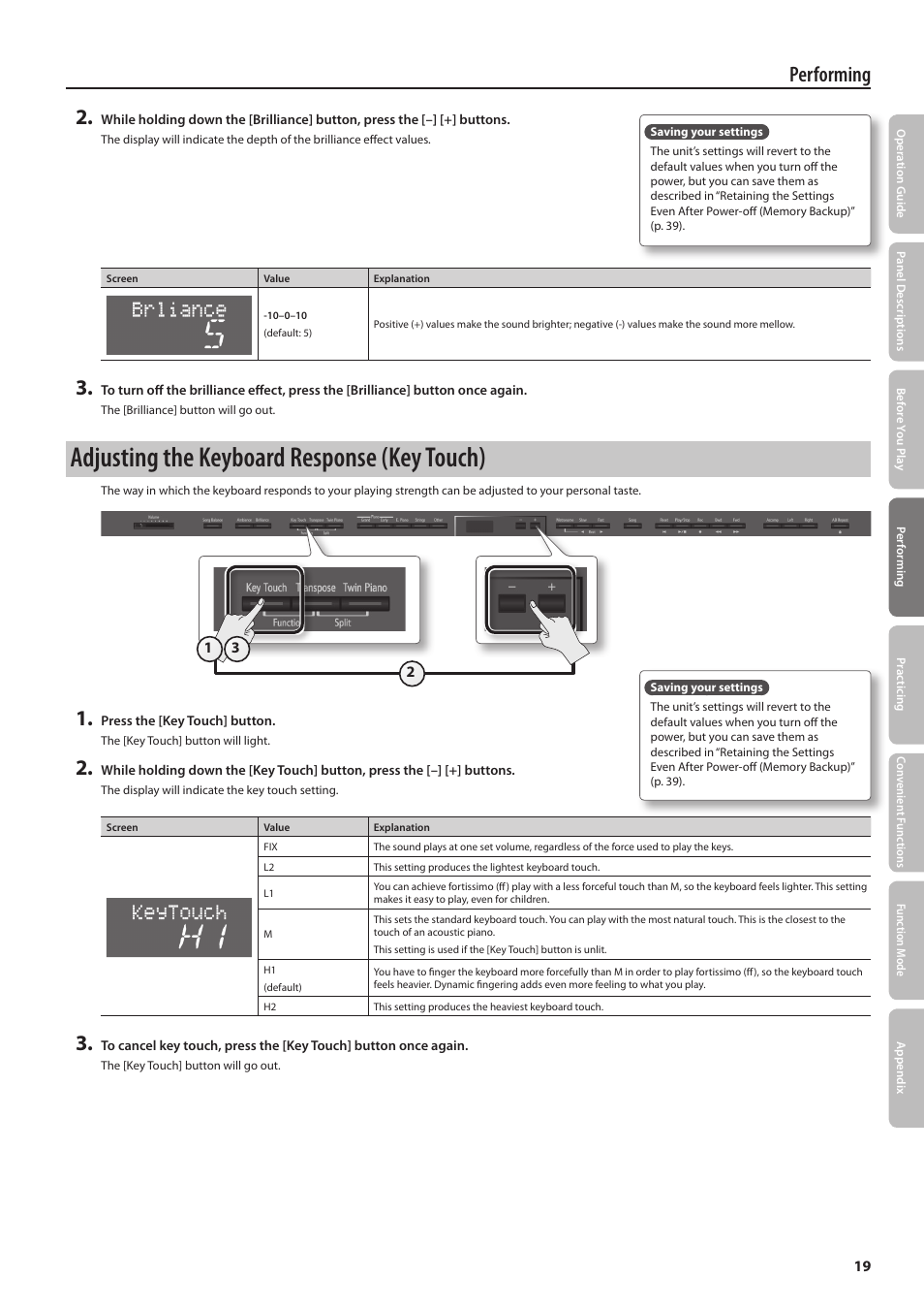 Adjusting the keyboard response (key touch), Performing 2 | Roland DP90 User Manual | Page 19 / 64