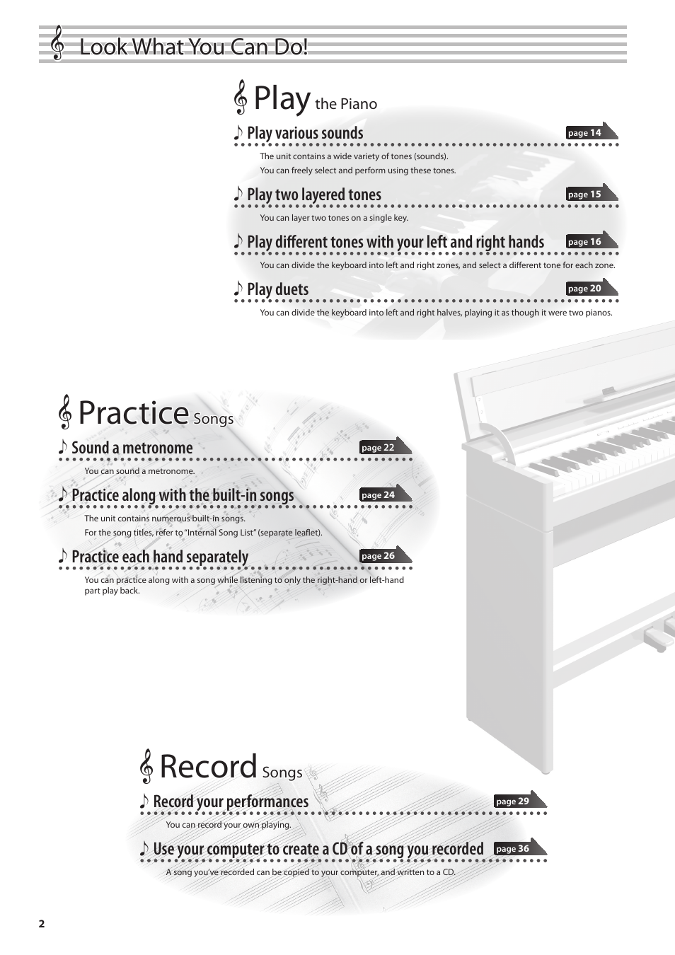 Record, Play, Practice | Look what you can do, Record your performances, Play various sounds, Play two layered tones, Play duets, Sound a metronome, Practice along with the built-in songs | Roland DP90 User Manual | Page 2 / 64