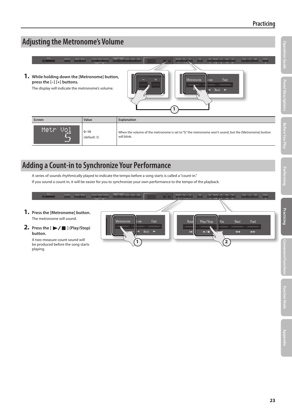 Adjusting the metronome’s volume, Adding a count-in to synchronize your performance, Practicing | Roland DP90 User Manual | Page 23 / 64
