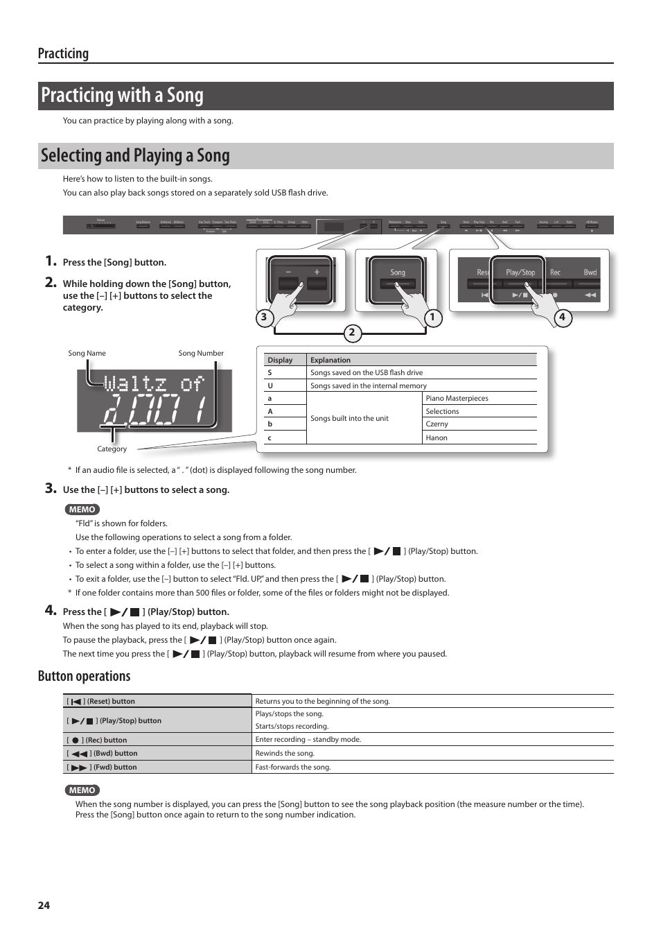 Practicing with a song, Selecting and playing a song, Practicing | Button operations | Roland DP90 User Manual | Page 24 / 64