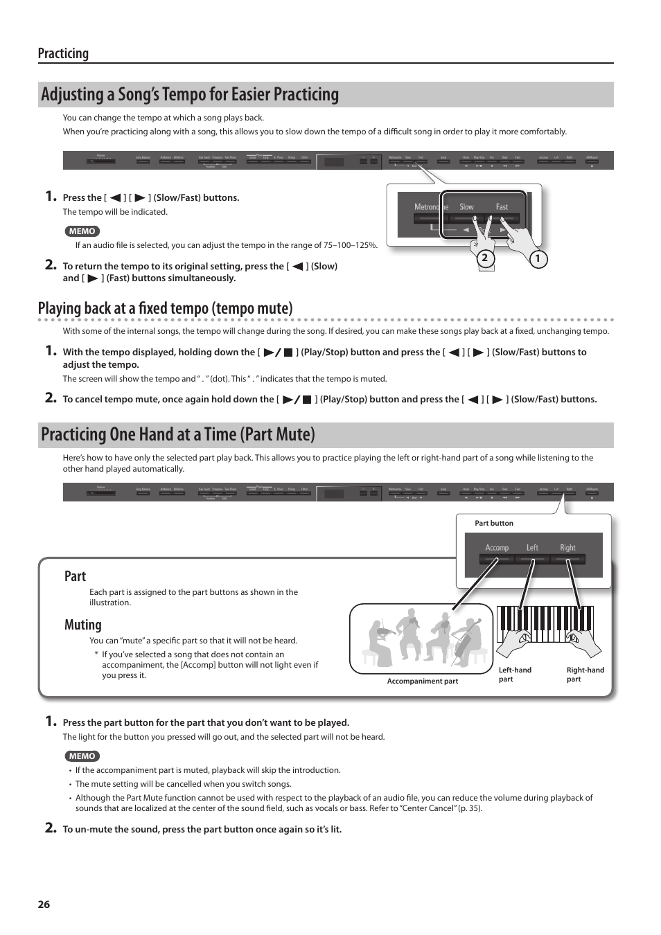 Adjusting a song’s tempo for easier practicing, Practicing one hand at a time (part mute), Playing back at a fixed tempo (tempo mute) | Practicing, Part, Muting | Roland DP90 User Manual | Page 26 / 64