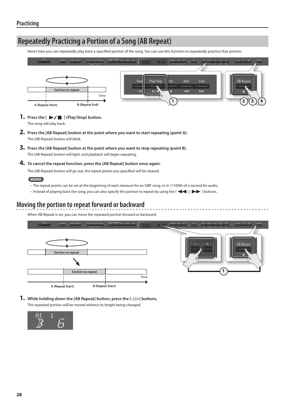 Moving the portion to repeat forward or backward, Practicing | Roland DP90 User Manual | Page 28 / 64