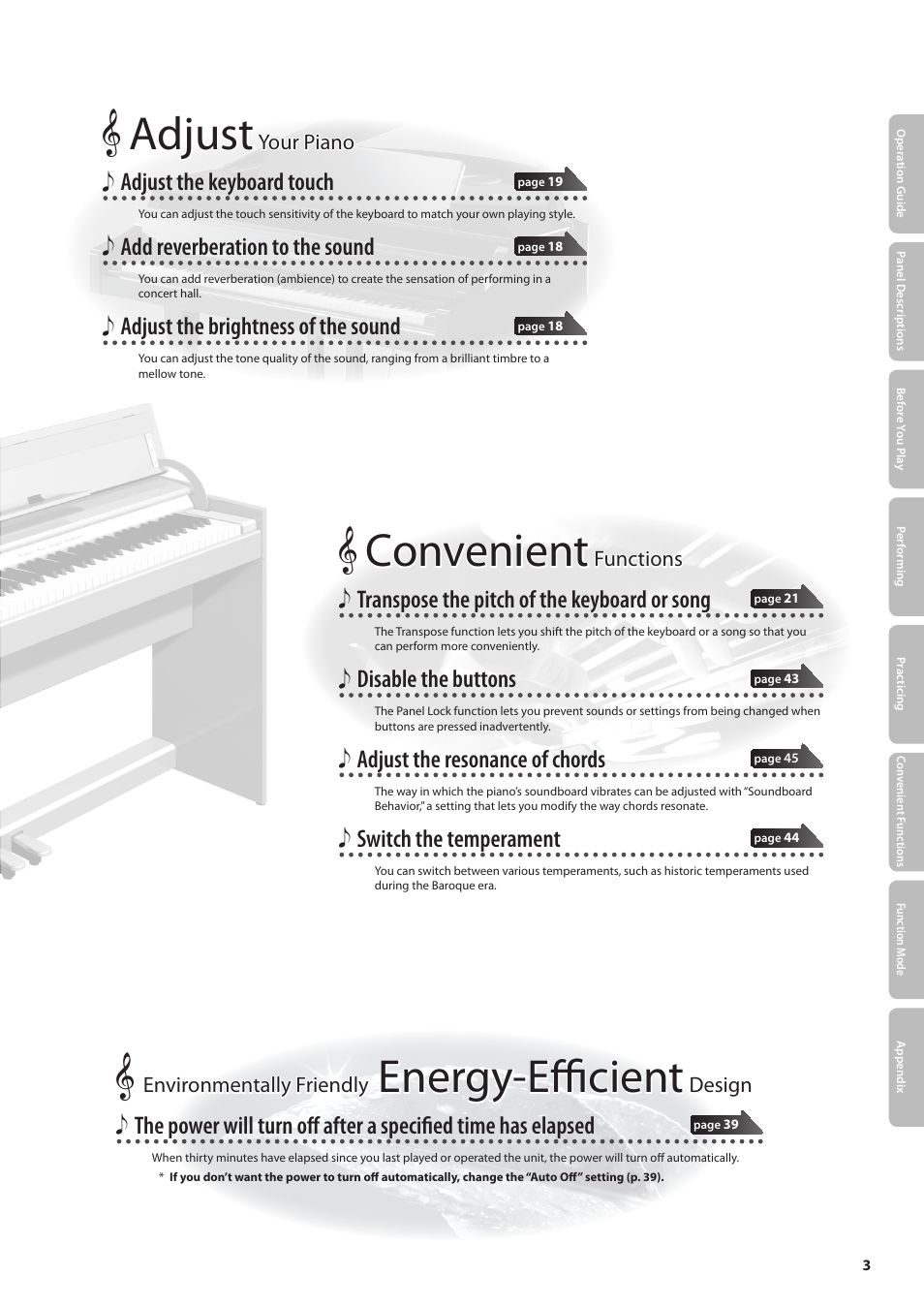 Energy-efficient, Adjust, Convenient | Adjust the keyboard touch, Add reverberation to the sound, Adjust the brightness of the sound, Transpose the pitch of the keyboard or song, Disable the buttons, Adjust the resonance of chords, Switch the temperament | Roland DP90 User Manual | Page 3 / 64