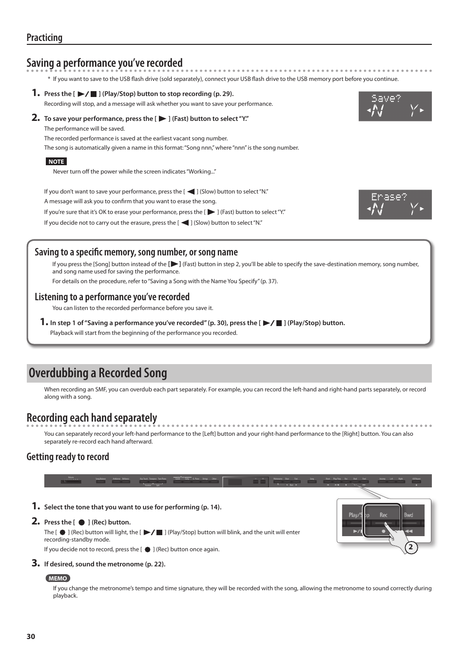 Overdubbing a recorded song, Saving a performance you’ve recorded, Recording each hand separately | Practicing, Listening to a performance you’ve recorded, Getting ready to record 1 | Roland DP90 User Manual | Page 30 / 64